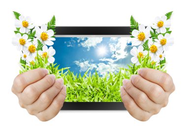 el backg üzerinde touch pad pc ve kadın doğum görüntüleri düğmeleri streaming