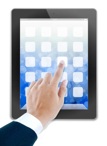 Hand of business man holding and touching on touch pad — Stock Photo, Image