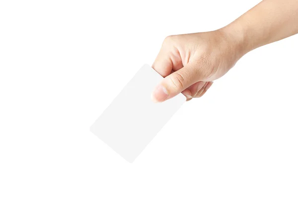 Hand of women holding blank paper label or tag on white backgrou — Stock Photo, Image