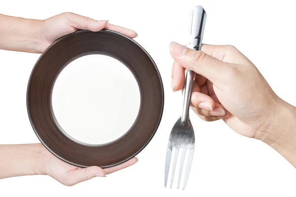 Brown kitchen plate a hand holding fork from top view on backgro — Stock Photo, Image