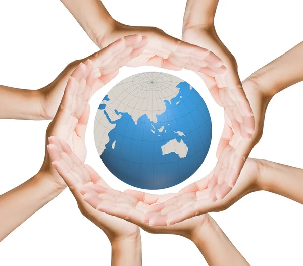 World in hands, global business on background white — Stock Photo, Image