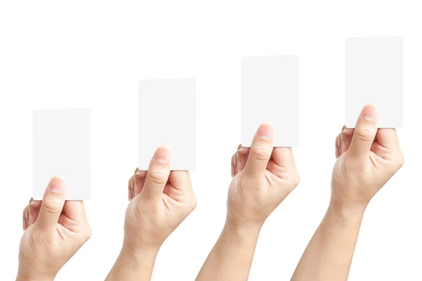 Hand of women holding blank paper label or tag on white backgrou — Stock Photo, Image