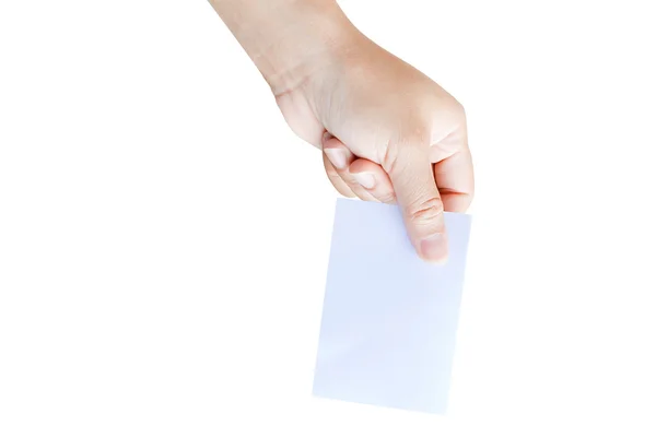 Hand van vrouwen houden van lege papieren label of tag op witte CHTERGRO — Stockfoto