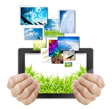el backg üzerinde touch pad pc ve kadın doğum görüntüleri düğmeleri streaming