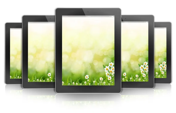 Projeto tablet PC, fundo flor bokeh — Fotografia de Stock
