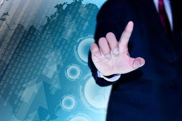 Χέρι του ο άνθρωπος των επιχειρήσεων πιέζοντας ένα κουμπί σε μια interfac οθόνη αφής — Φωτογραφία Αρχείου