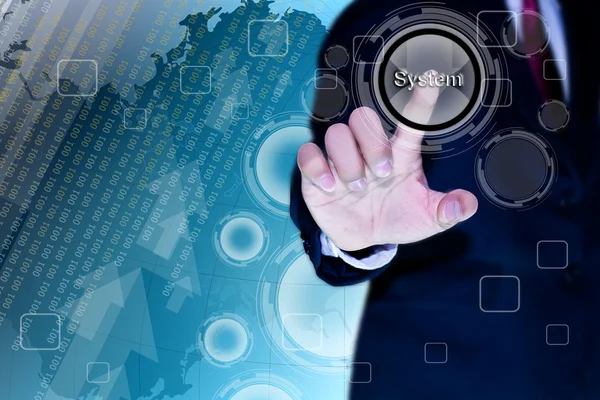 Mano del hombre de negocios pulsando un botón en una pantalla táctil interfac —  Fotos de Stock