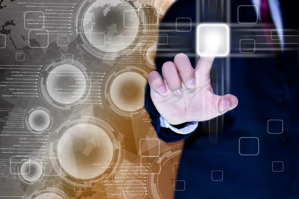 Hand of business man pushing a button on a touch screen interfac — Stock Photo, Image