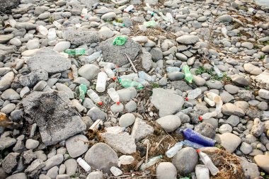 Rustavi, Georgia 'da. 11 Aralık 2021. Nehir kıyısında plastik şişeler..