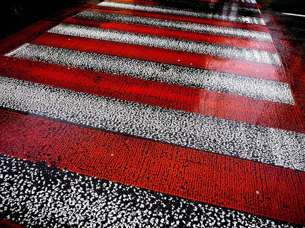 Mokrá Asfaltová Cesta Červenými Bílými Pruhy Zebra — Stock fotografie