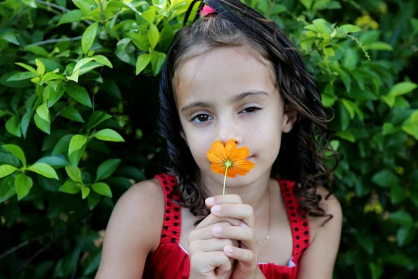 Brazilian girl smelling a flower — Stock Photo, Image