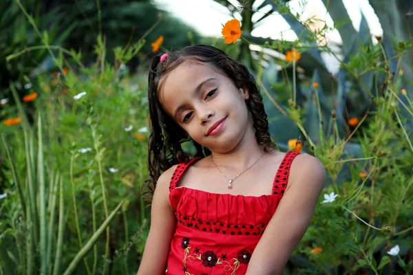 Beautiful child in red dress — Stock Photo, Image