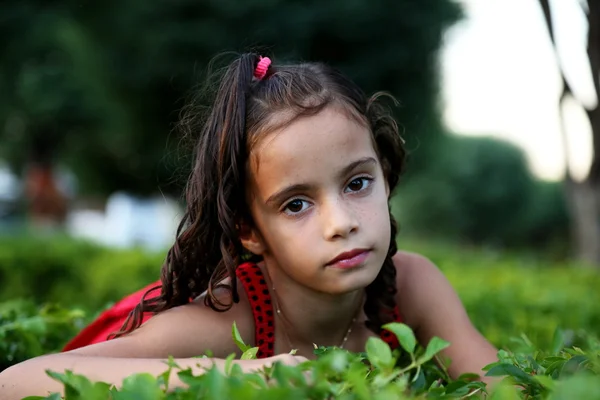 Schönes Kind auf dem Gras liegend lizenzfreie Stockbilder