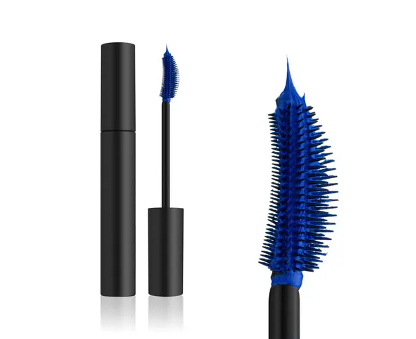 3D渲染一套黑色睫毛膏瓶 刷和睫毛膏管 蓝色的魔杖和白色背景的黑色管子 适合眼部化妆的化妆品 莫科普 图库图片
