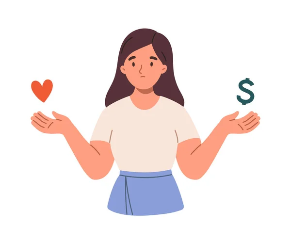 Любовь Деньги Женщина Выбирает Между Отношениями Карьерой Плоская Карикатура — стоковый вектор