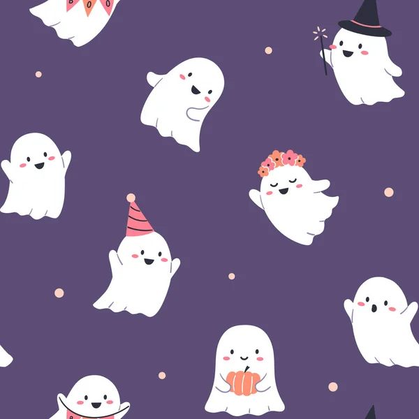 Modello Senza Cuciture Halloween Con Simpatici Personaggi Fantasma — Vettoriale Stock