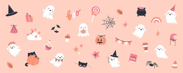 Raccolta Illustrazioni Halloween Con Fantasmi Zucche Pipistrelli Altre Decorazioni Tradizionali — Vettoriale Stock