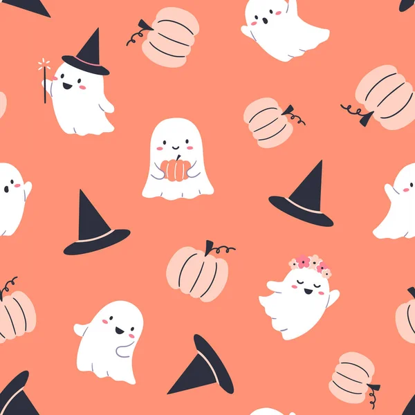 Halloween Modello Senza Soluzione Continuità Con Simpatici Personaggi Fantasma Design — Vettoriale Stock