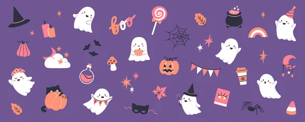Raccolta Illustrazioni Halloween Con Fantasmi Zucche Pipistrelli Altre Decorazioni Tradizionali — Vettoriale Stock