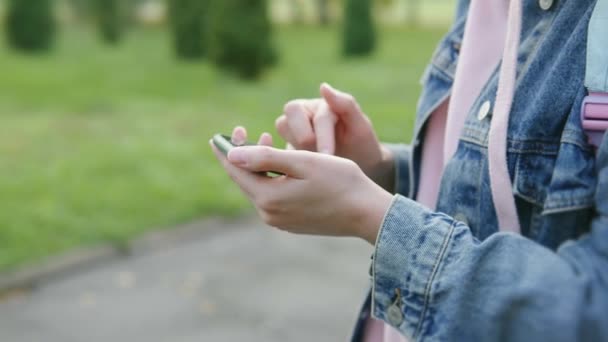Nahaufnahme einer Frauenhände in Jeansjacke und rosa Kapuzenpulli mit Smartphone im Park. — Stockvideo