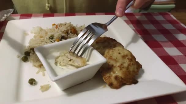 Uma mulher embebe uma costeleta de frango em molho de maionese azedo, ao lado dele em um prato é arroz com legumes. — Vídeo de Stock