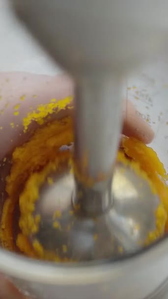Verticale video voor sociale netwerken: chef bereidt pompoenpuree met een immersie blender. — Stockvideo
