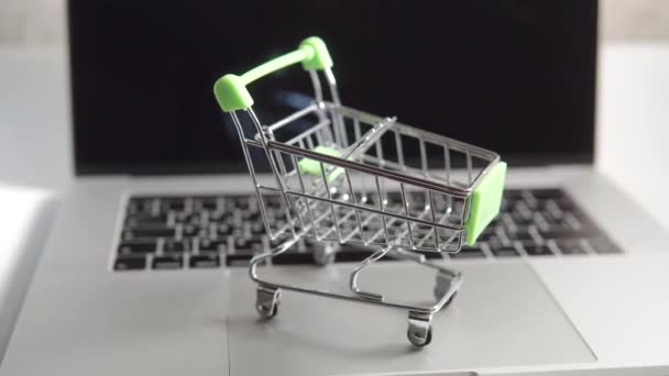 Een metalen miniatuur trolley van een groene kleur staat op een laptop. — Stockvideo