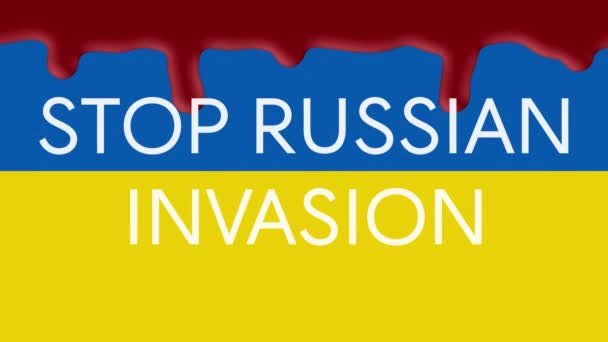 Stop de Russische invasietekst op de vlag van Oekraïne waarop bloed vloeit. — Stockvideo