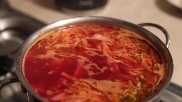 乌克兰波尔奇-红汤加番茄酱、甜菜、土豆、卷心菜和豆类. — 图库视频影像