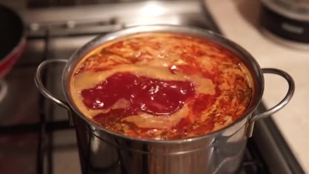 Borsch ucraniano - sopa vegetal de beterraba vermelha, fervendo no pote. Prato tradicional ucraniano. — Vídeo de Stock