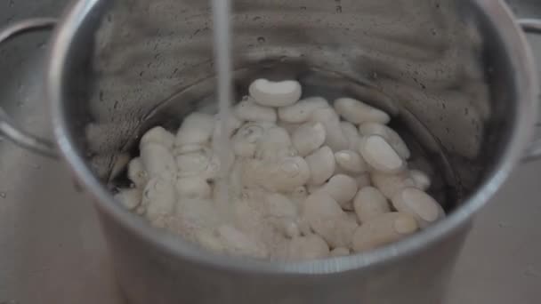 Το νερό χύνεται από τη βρύση σε ένα τηγάνι με λευκά φασόλια. — Αρχείο Βίντεο