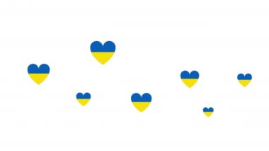 Animasyon kalpler, beyaz arka planda kalp şeklinde Ukrayna bayrağı. Düz animasyon, 4k.