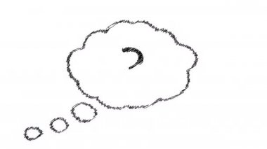 Bulut simgesindeki soru işareti, beyaz arkaplanda konuşma balonu, bulut konuşma balonu, el çizimi animasyonu.