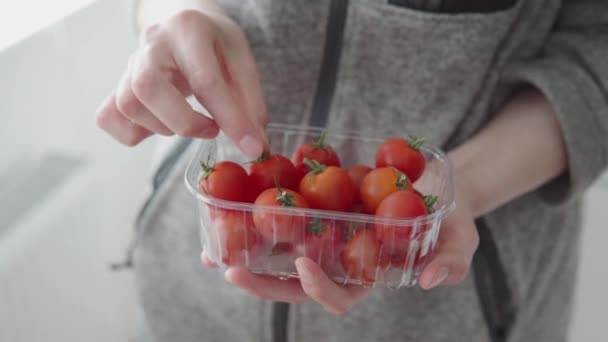 Agricultor Trabalhador Profissional Mostra Tomates Cereja Vermelhos Maduros Cultivados Uma — Vídeo de Stock