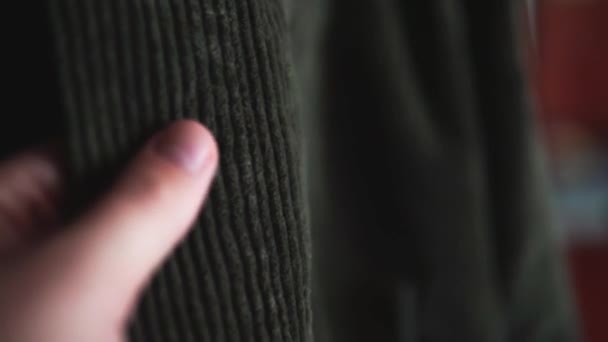 Close View Velvet Textile Jacket Hand Touching Soft Textile Material — Video