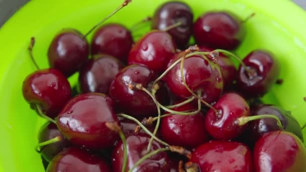 Close Juicy Red Cherries Green Strainer White Background Source Vitamins — Video