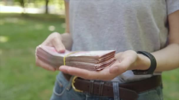 Casually Dressed Successful Businesswoman Holding Thick Wad Cash Her Hands — Vídeos de Stock