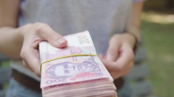 Thick Stack Money Close Woman Holds Large Amount Cash Ukrainian — Stockvideo