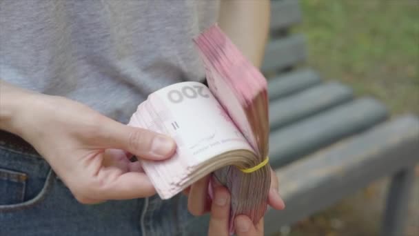 Woman Counting Uah Ukrainian Hryvnias Holds Thick Pack Banknotes Her — Stockvideo