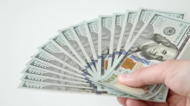 Man Holds Fan 100 Dollar Bills Many Cash Bills Thousand — Vídeo de Stock