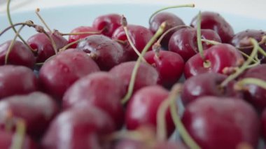 Red juicy fresh ripe cherries on a blue plate. Fresh berries, farm harvest. Closeup view, 4k.