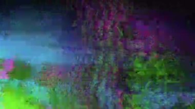Colorful neon futuristic trendy holographic background. Glitch, interference, noisy bad tv footage. Computer generated 4k video. 