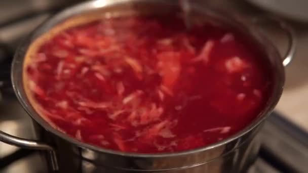 Preparation Homemade Appetizing Tasty Borsch Made Beetroot Potato Cabbage Traditional — стоковое видео