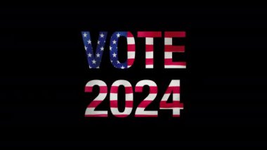 2024 metni, seçim oylaması mesajı, siyah arka planda pankart, siyasi seçim kampanyası animasyonu. ABD konseptinde seçim günü. Yüksek kalite 4k görüntü.