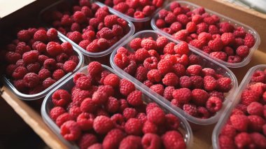 Karton bir kutunun içinde plastik kutularda sulu organik ahududular.