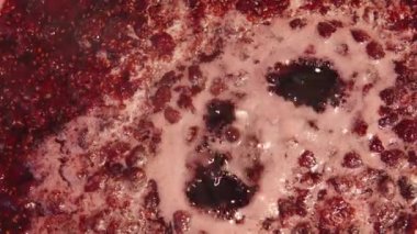 Ev yapımı ahududu reçeli yapmanın en güzel manzarası. 4k 'lık yakın çekim..