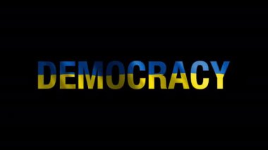 Siyah arka planda Ukrayna bayrağı sallayan demokratik bir kelime. Yüksek kaliteli canlandırma.