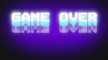 Oyun bitti 80 'lerin tarzı eski tarz gürültülü arıza pankartı, bozulmuş parlak neon metin video oyunları veya TV programları için, ProRes.