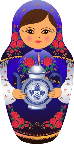 Nested doll with a teapot gzhel — Stock Vector