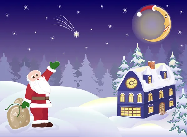 Père Noël avec des cadeaux et la lune — Image vectorielle